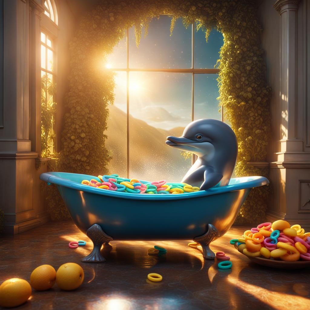 bath tub full of water and fruit loops with a dolphin bathing and a