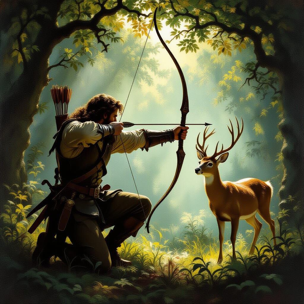 Man Aims Bow at Deer in Ancient Forest Painting
