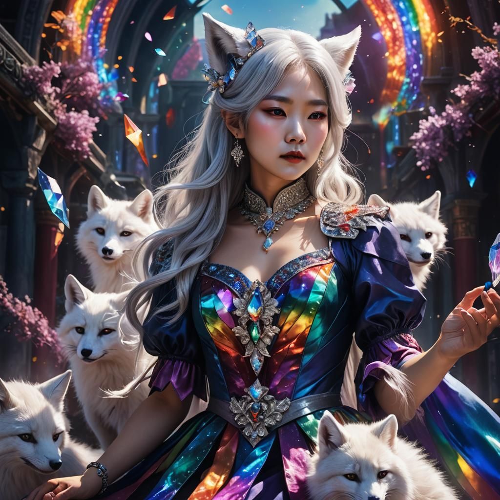 korean lady silver hair rainbow dress rainbow crystals white...