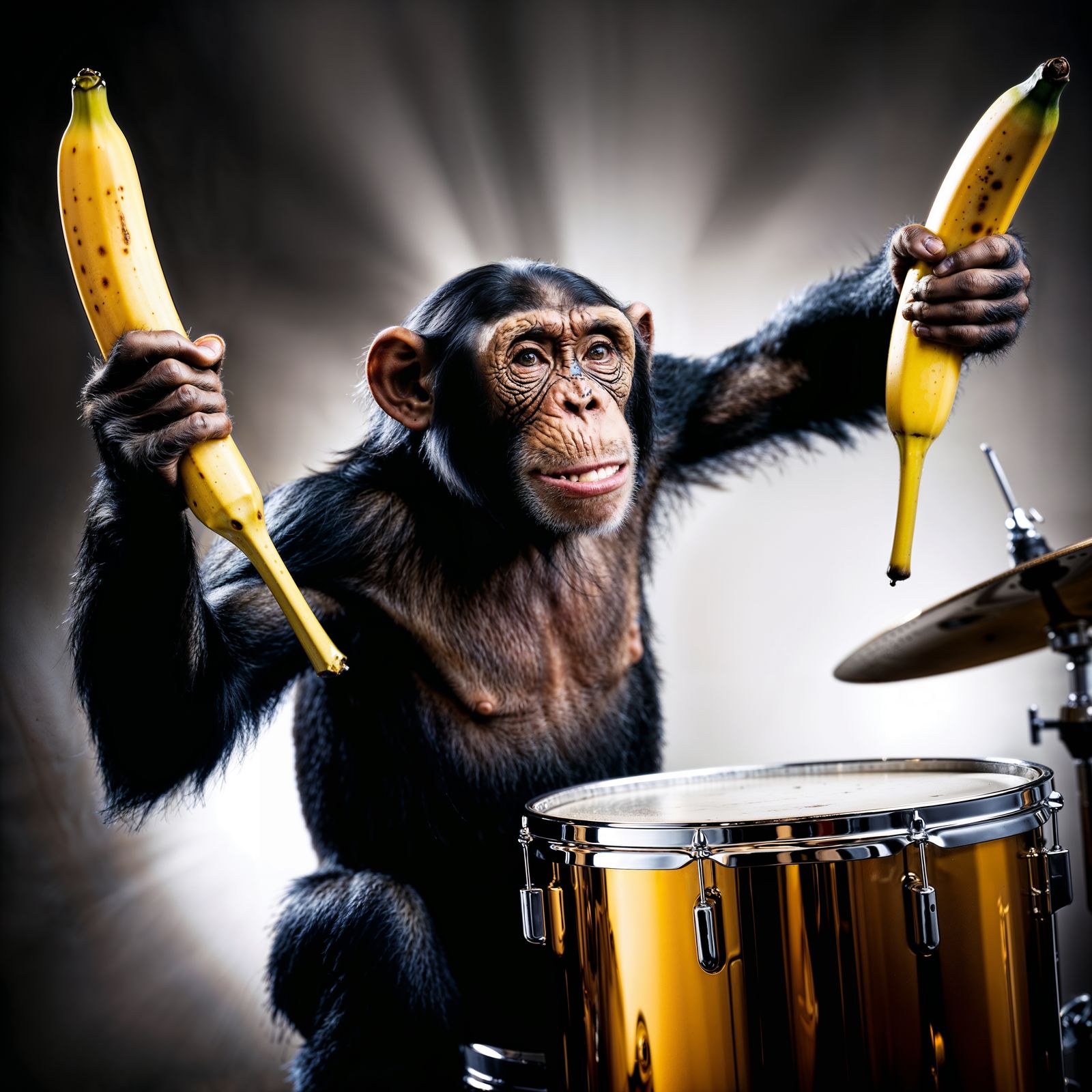A chimpanzee plays drums with two bananas