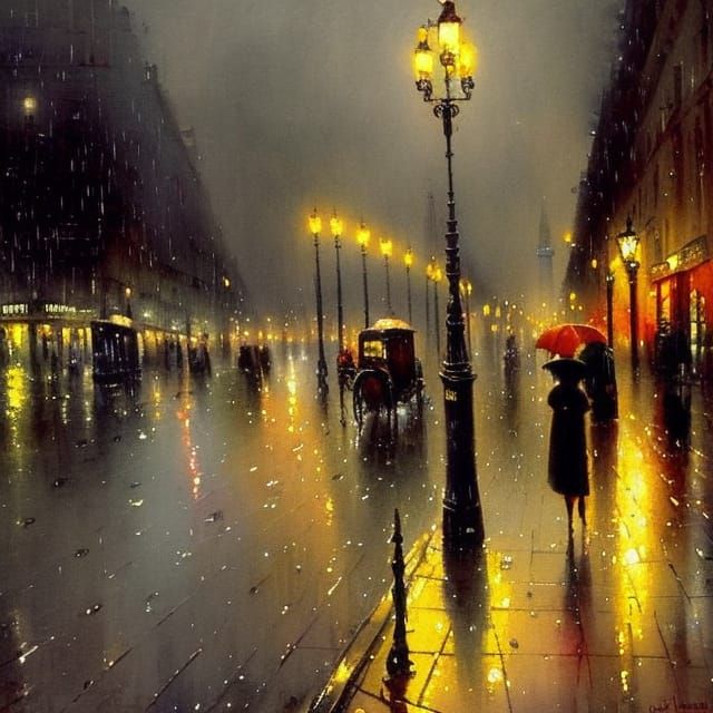 Romantic watercolour of busy Paris street at night raining Edouard Cortes  by @Jeffrey Adams