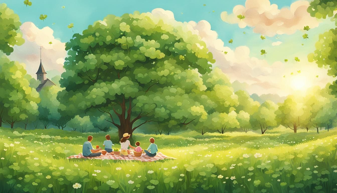 A summer meadow full of four-leaf clovers where a young fami...