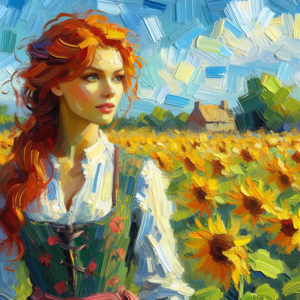 Impasto Red Head With Sunflowers