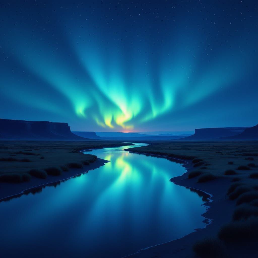  River reflecting aurora lights, flowing through desert
