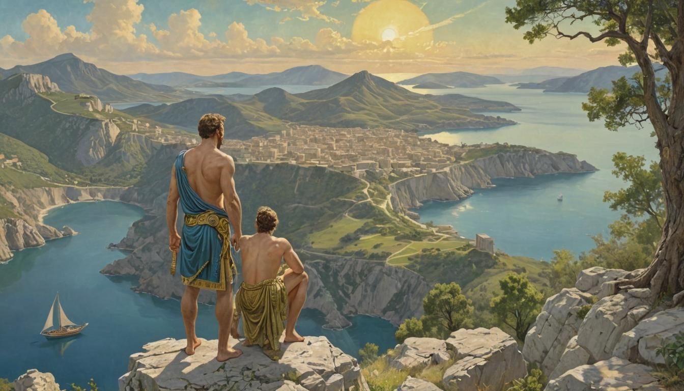 Ancient Greece, King Laertes and his son Odysseus look at th...