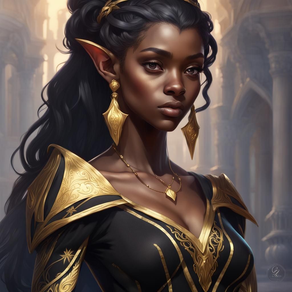 Teenage black elf Princess wearing black and gold dress - AI Generated ...