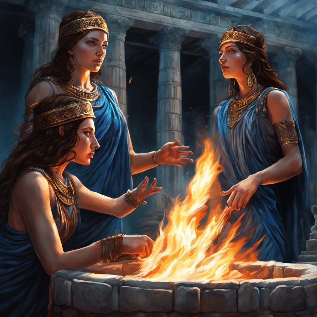 550 BCE Amazon priestesses with wavy brown hair and blue eye...