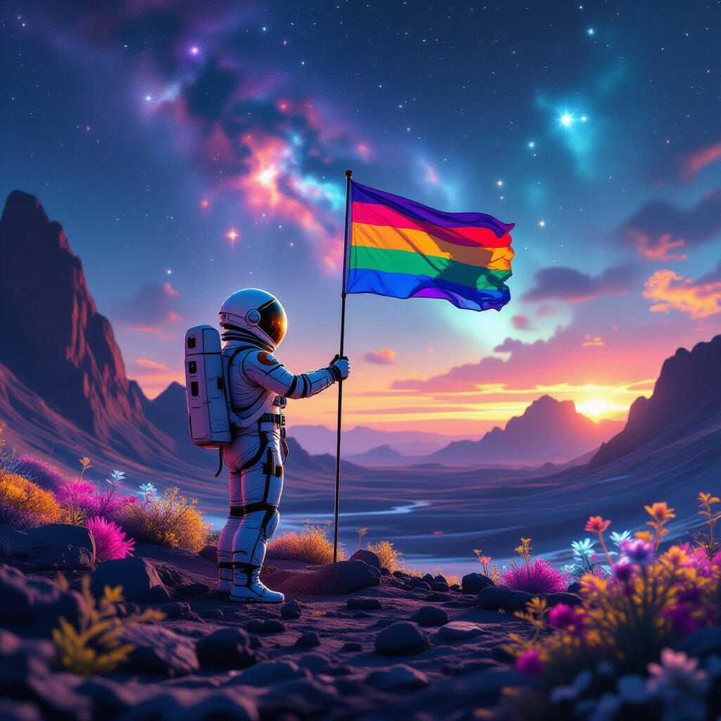 "A brave astronaut planting a flag on an alien planet, vibrant colors, sci-fi epic art"
