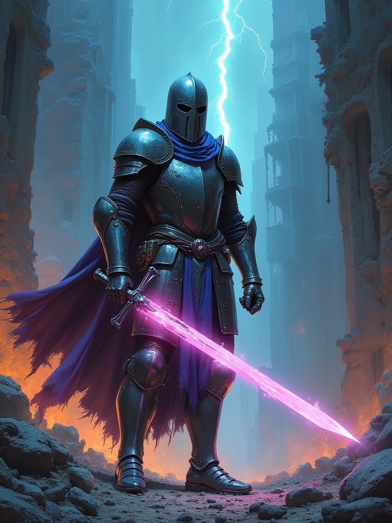 Knight with Energy Sword in Cyberpunk Ruins