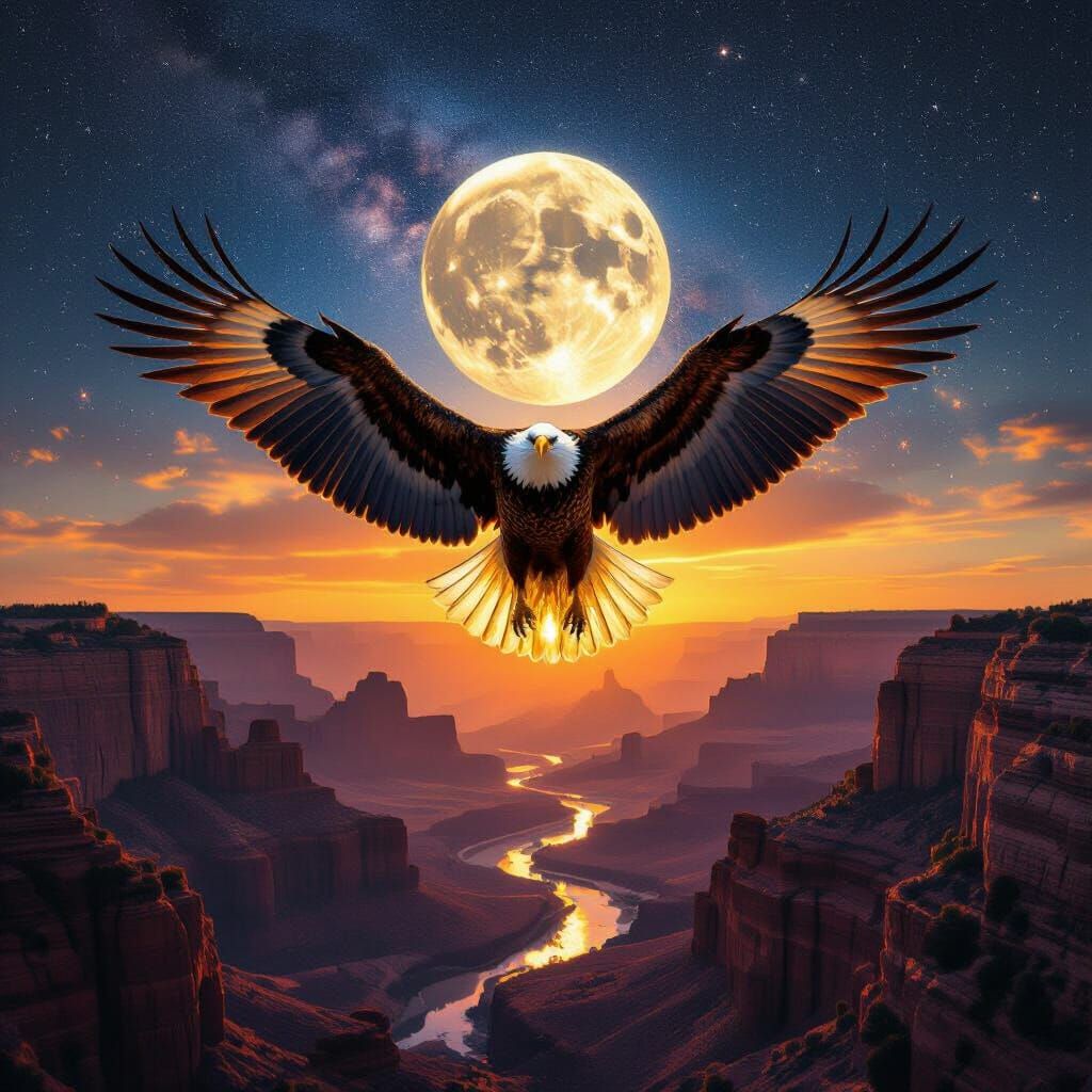 Eagle Soaring in Starry Night Sky, Double Exposure