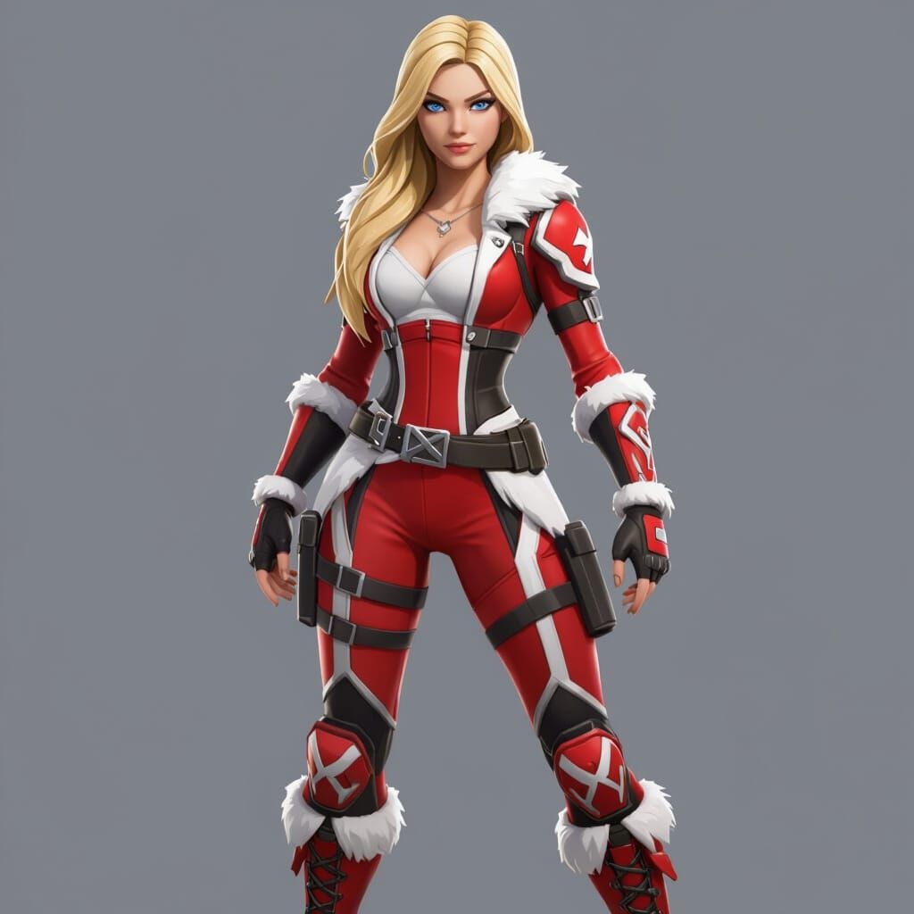 Full-body Fortnite-style female warrior, front view, standing in standard Fortnite heroic pose. Athletic feminine build, confident expressio...
