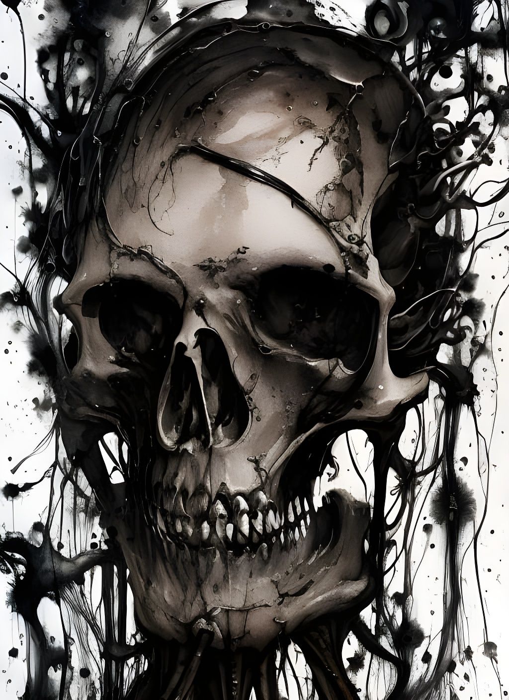 Intricate Skeleton Portrait in Black Ink Flow