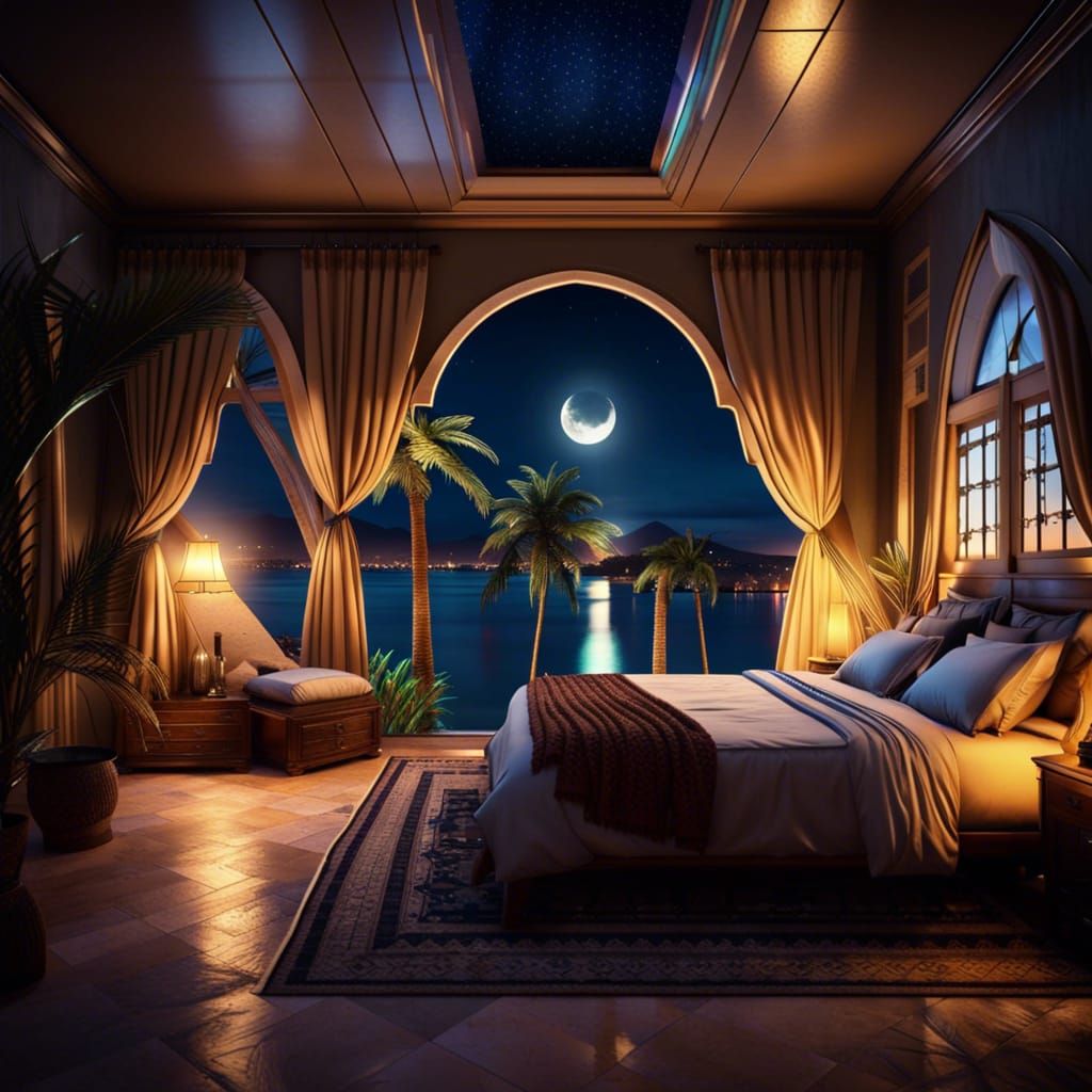 A magical breathtaking bedroom ,Ancient Egypt style  overlooking the River Nile   by @artistrycreations_