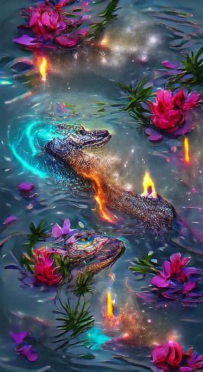 Crocodile waters, poolside manor garden flower flames 8k res...