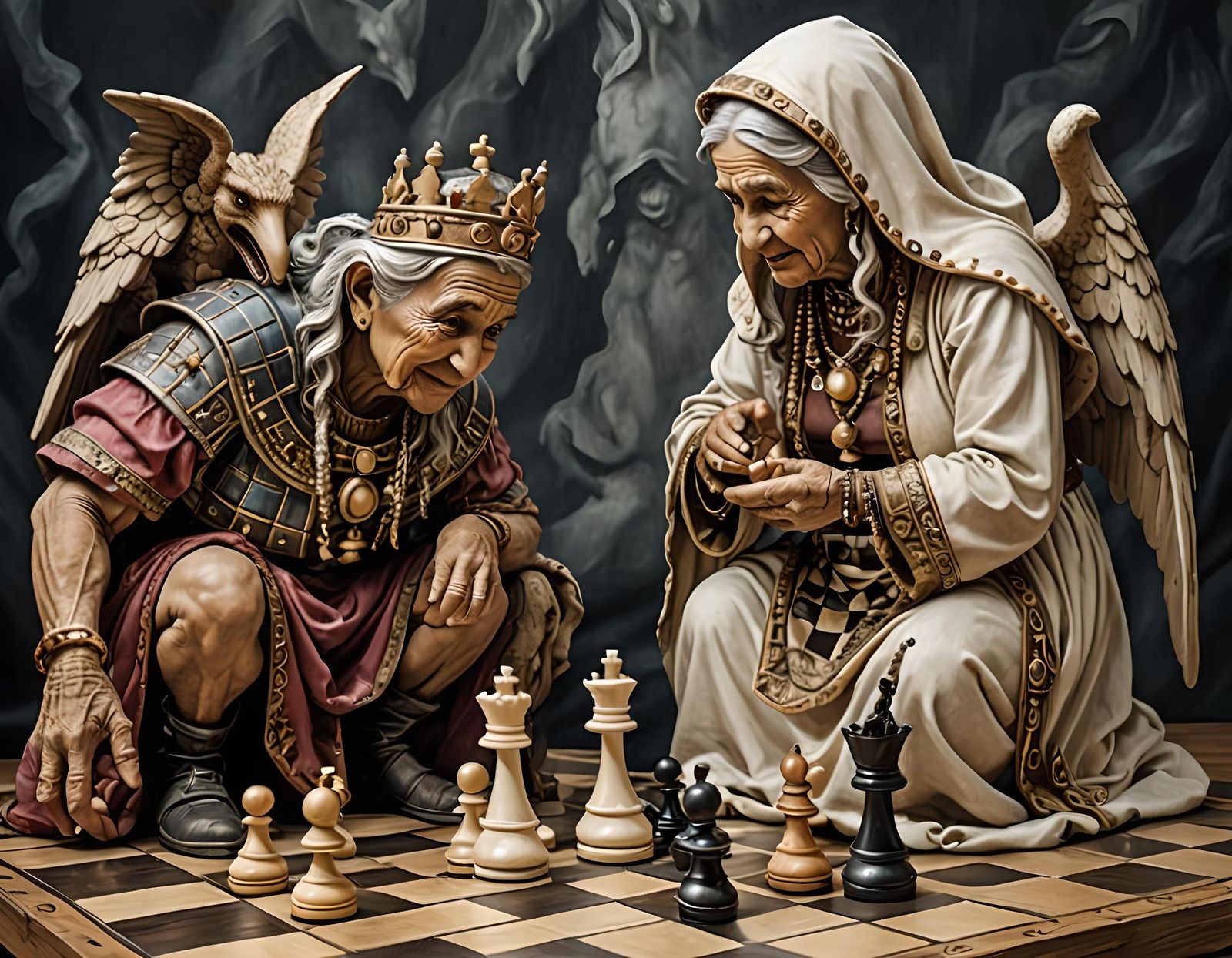 whimsical and surreal photo of old female gypsy deeply engrossed in a life-sized chess game against smiling ...  by @Vey Telmo