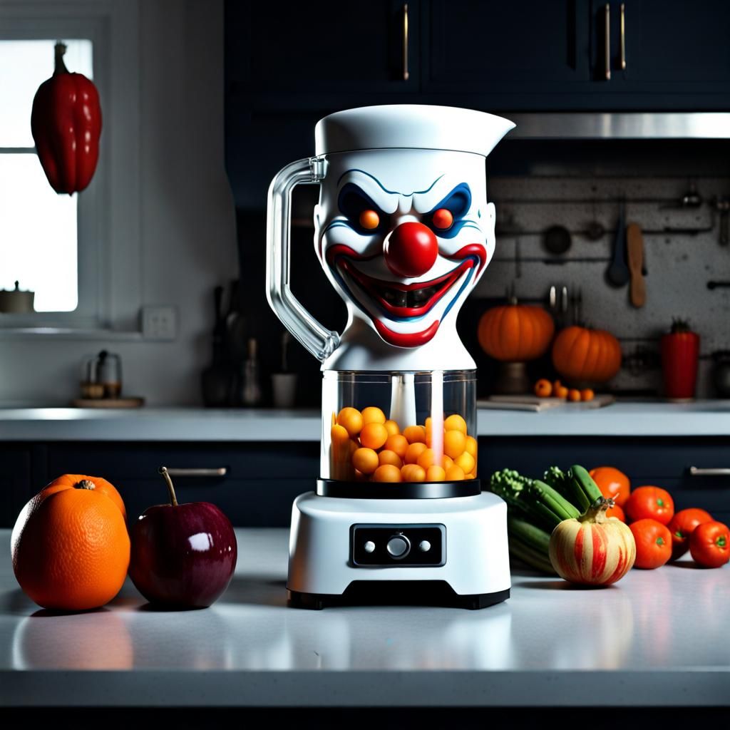 An evil kitchen blender with a creepy clown face looking at his next victim of fruit and vegetables, ...  by @Dj Dollebludger 