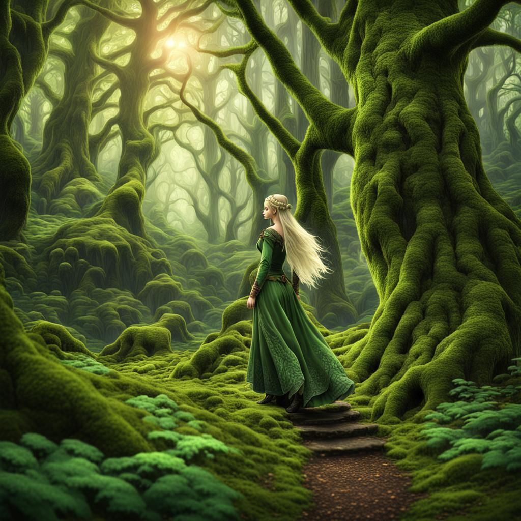 A beautiful blonde elf maiden strolling through a lush verda...