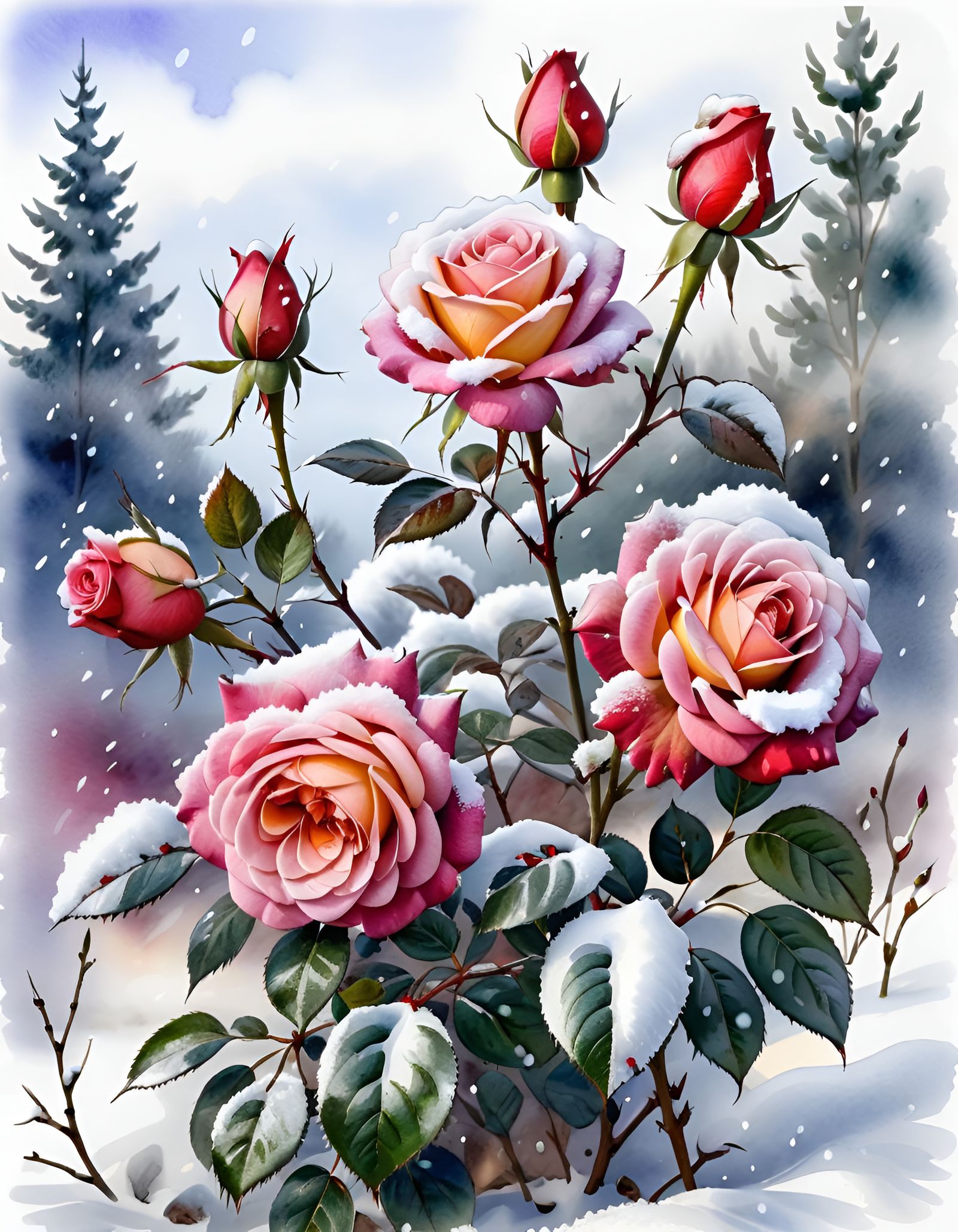 Snow covered Roses - AI Generated Artwork - NightCafe Creator