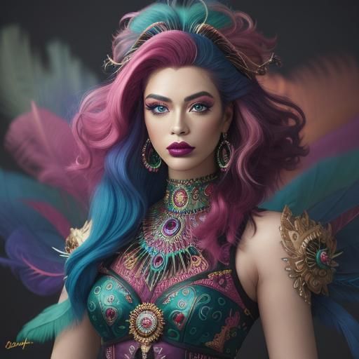 Beautiful woman with pink skin, peacock feathers hair, blue ...