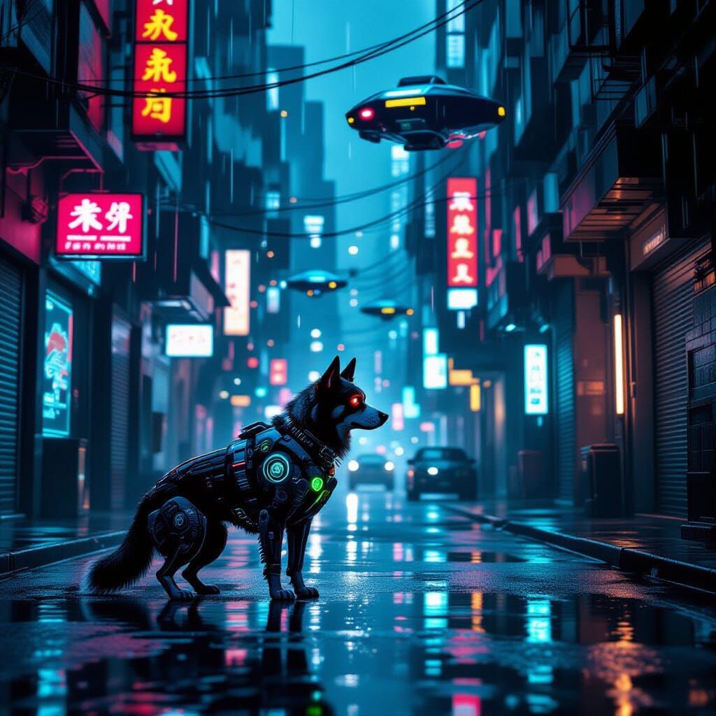 A lone, cybernetically enhanced dog with glowing optical implants sniffs the air in a rain-slicked, neon-drenched alleyw...