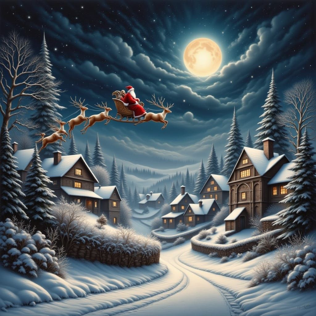 let's create a painting of a 19th century village with santa and his sleigh being pulled by his reindeer over the rooftops on a dark snowy n...