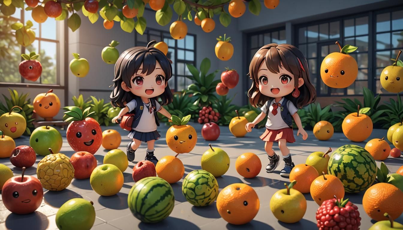 Kids & Chibi Fruits At Recess - Ai Generated Artwork - Nightcafe Creator