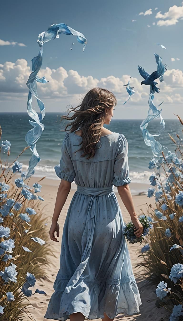 Blue farewell. She leaves. The old love cannot be returned. The wind carries away the hope for a meeting and..highly detailed photorealistic...