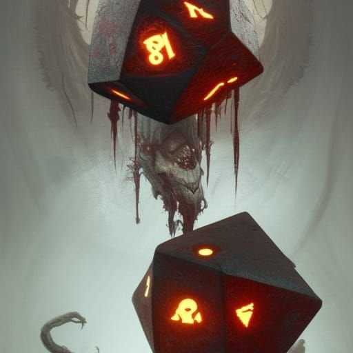 Wooden d20, cursed, evil, glowing, hyperdetailed, blood, 1