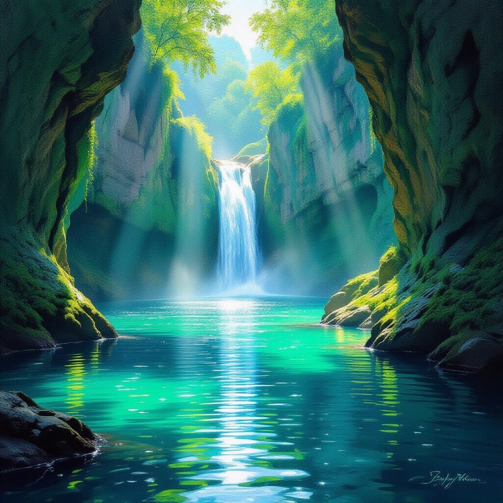 Hidden Emerald Canyon Lagoon With Diamond Waterfall