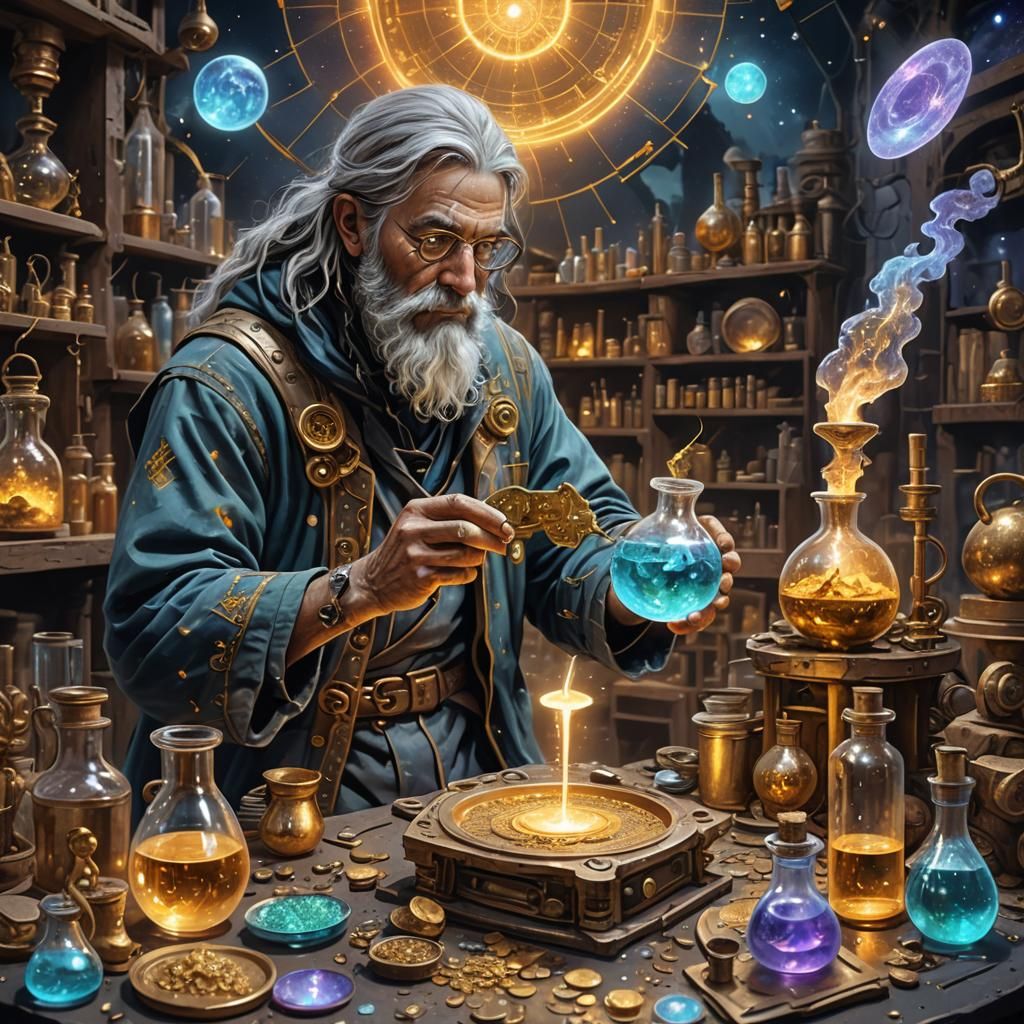 An alchemist preparing a formula to change lead into gold, in a post apocalyptic world   by @undefined
