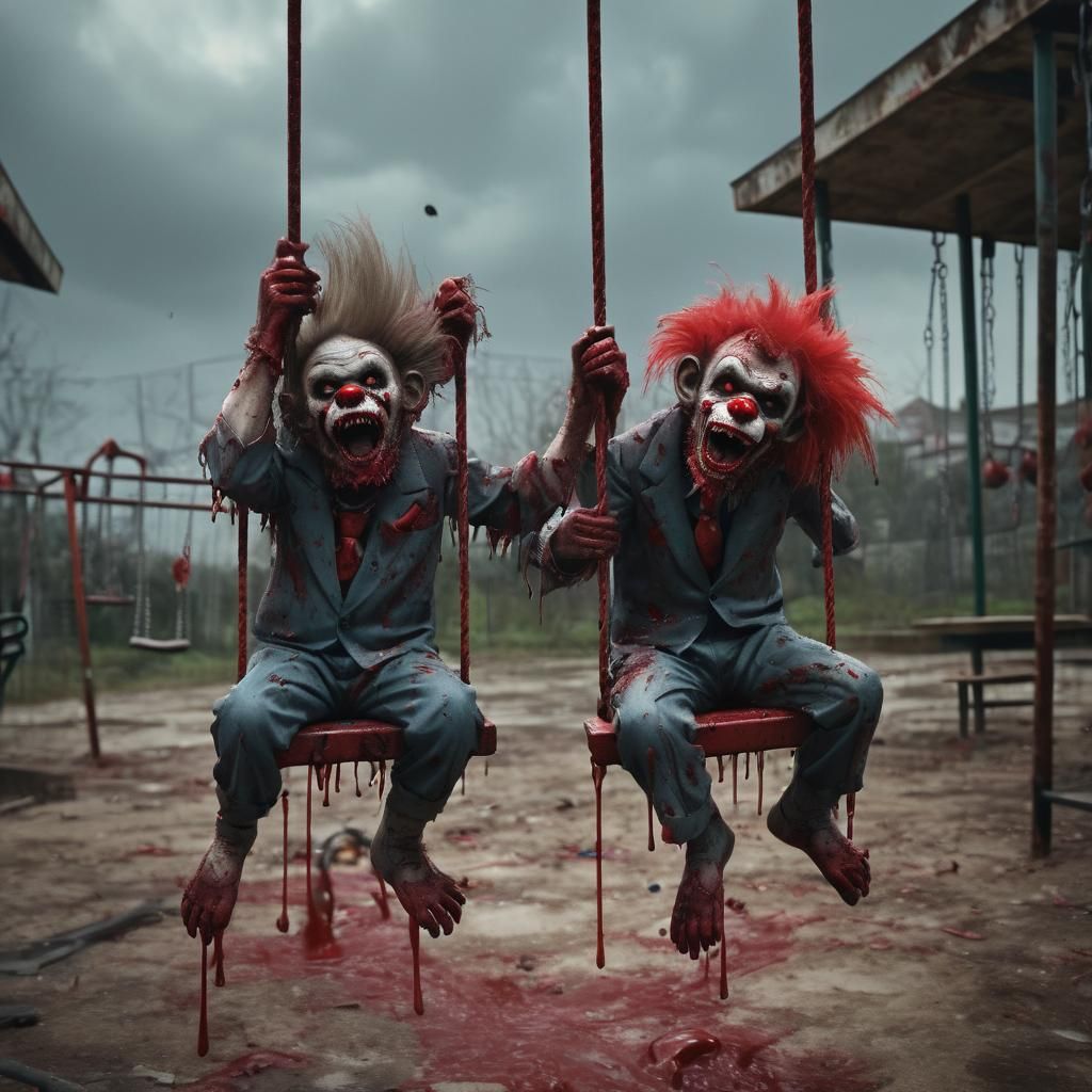 Zombie Monkey Monster Clowns Swinging On the Swing At The Pl...