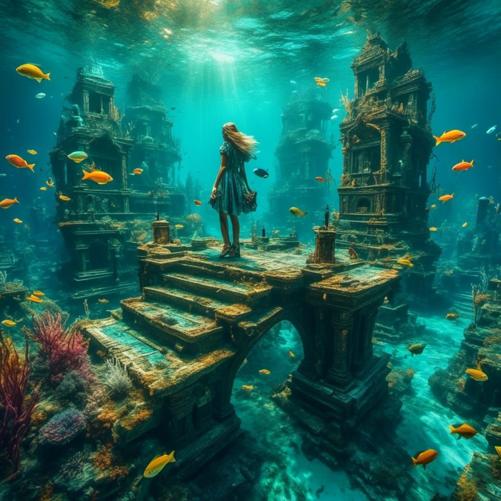 Exploring a Beautiful underwater sunken city with colorful fish in turquoise waters <lora:DetailedFantasy:1.0> 