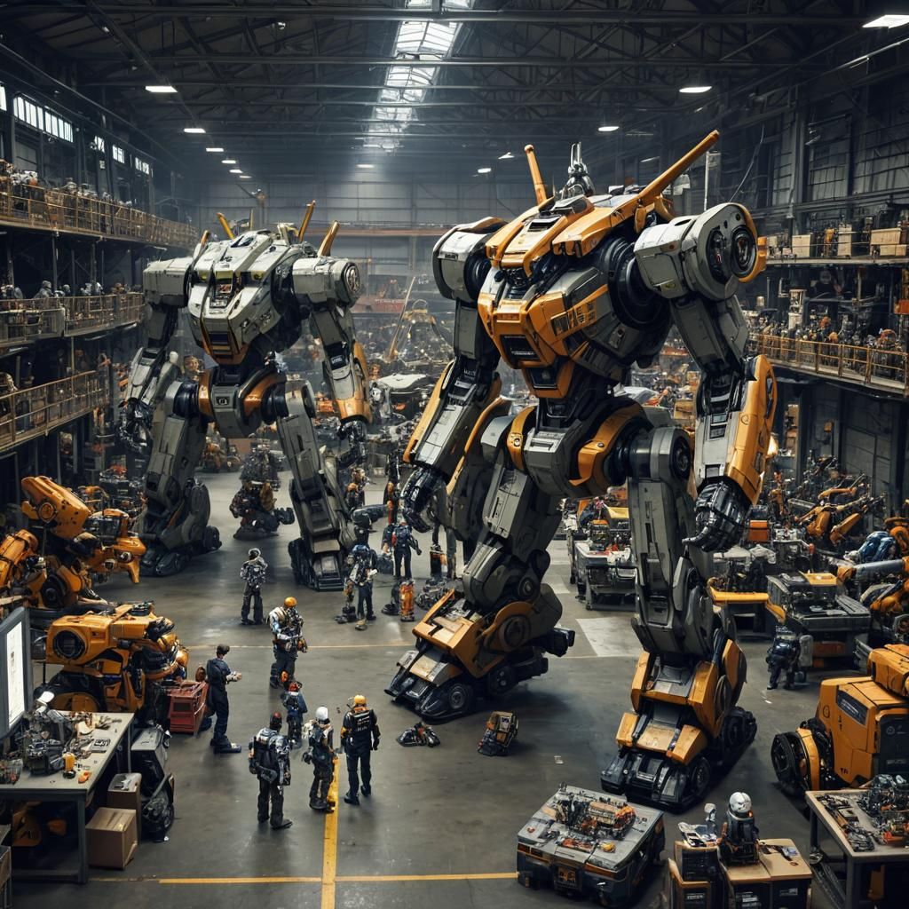 An expansive mecha repair bay set within a vast, industrial warehouse. A group of industrious engineers ...  by @Keoni 