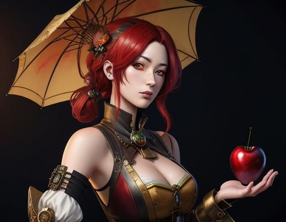 anime steampunk woman holding oversized cherries