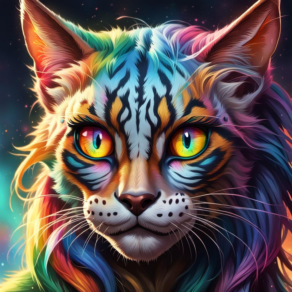 Detailed khajiit female. Rainbow eyes. Rainbow hair.