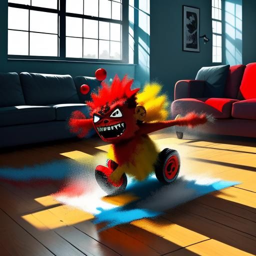 Tantrum Concept Art. Medium shot. A toddler with a red face throws toys