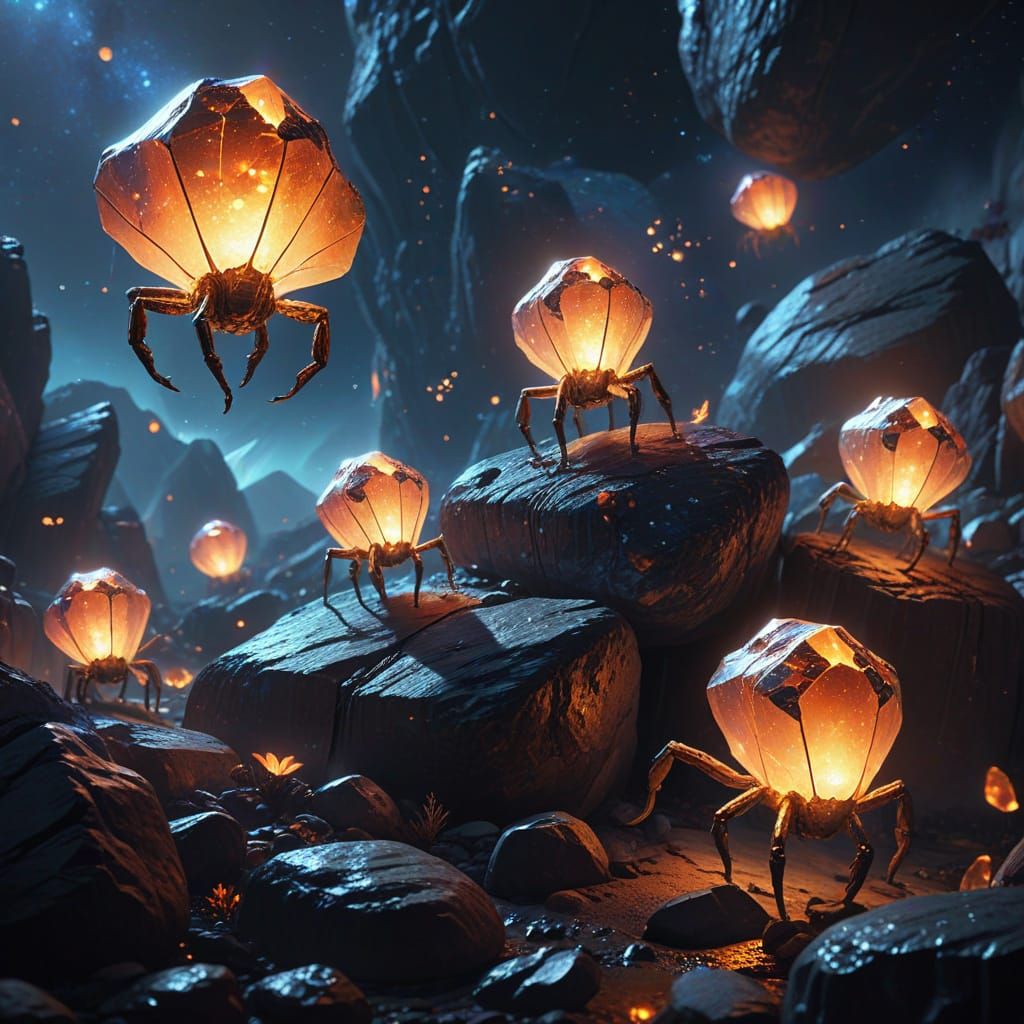 Glowing Light Creatures on Asteroid: Digital Art