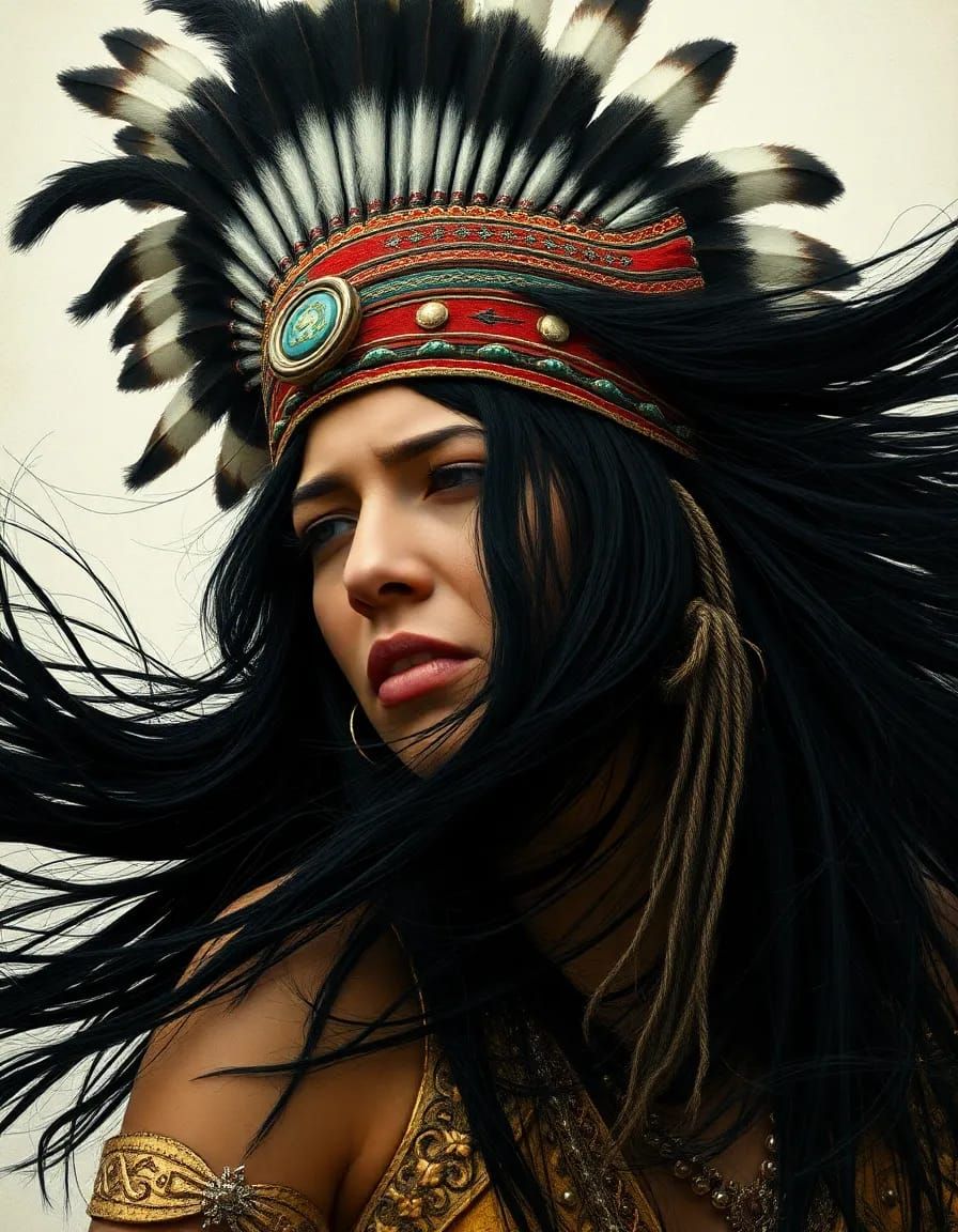 A close-up portrait of a serene and majestic Iroquois prince...