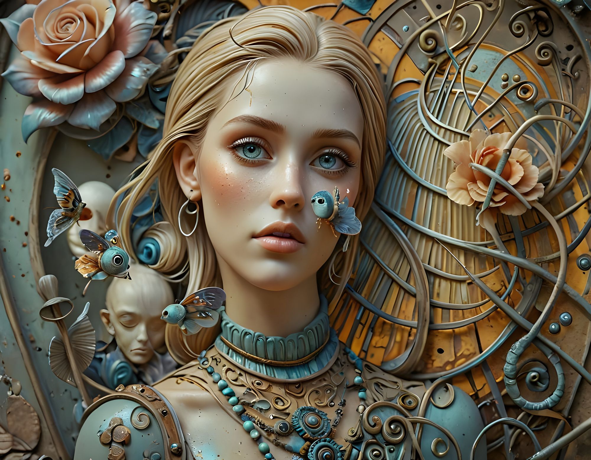 A cute misterious, cute and curious creature lurking out from a cracked rusty hole on a cracked rusty riveted metal wall whose peeling paint...