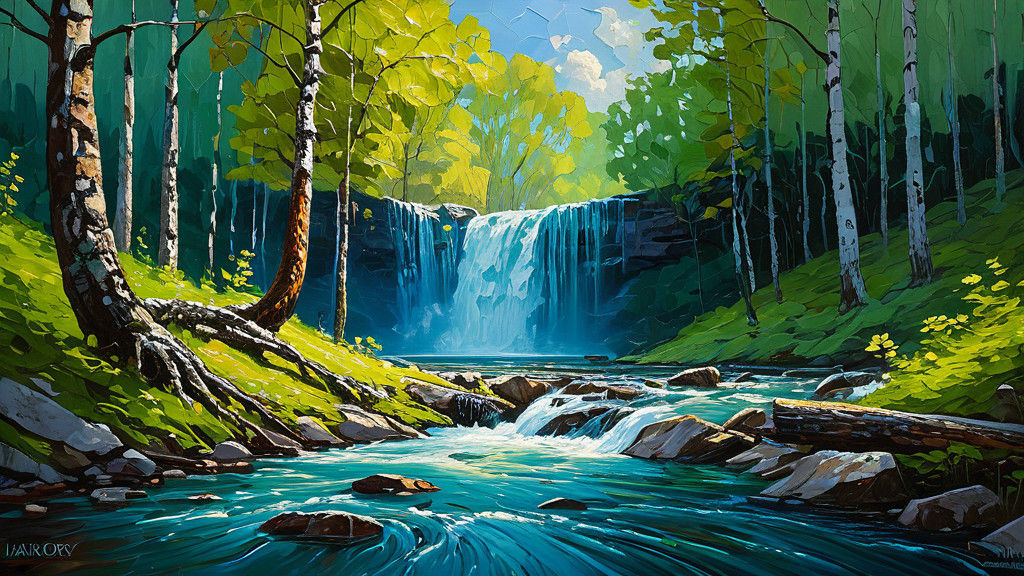 Forest scene with waterfall