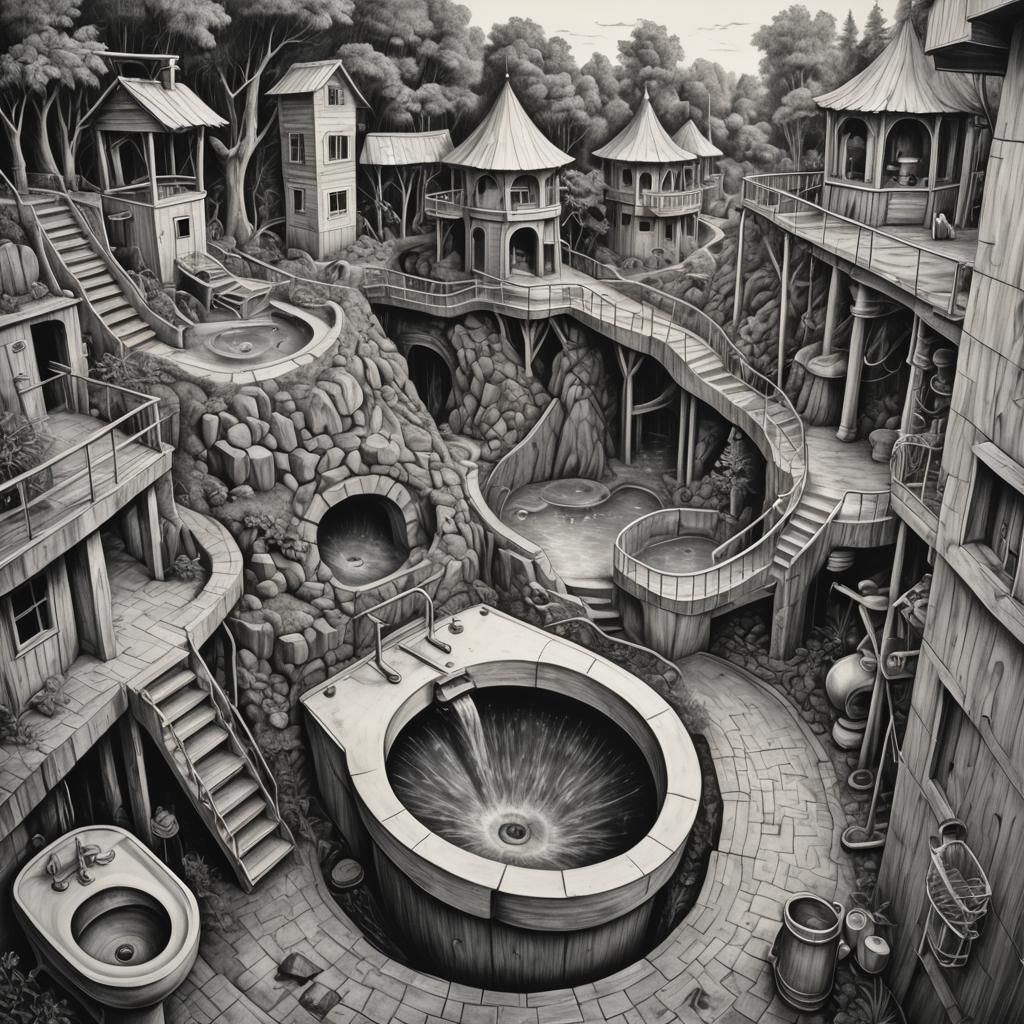 Toilet Bowl Water Park in Charcoal Drawing Style