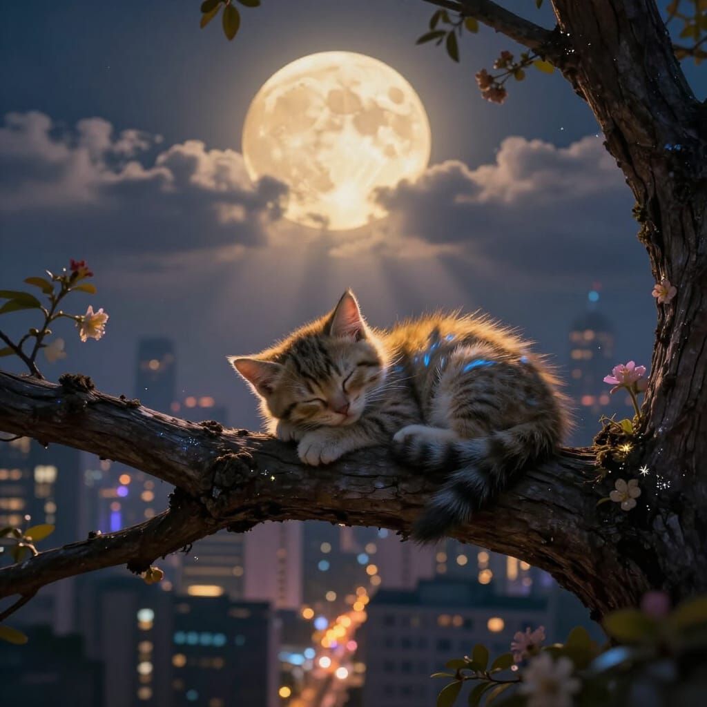 Kitten Sleeps Under Golden Moon Near Cityscape