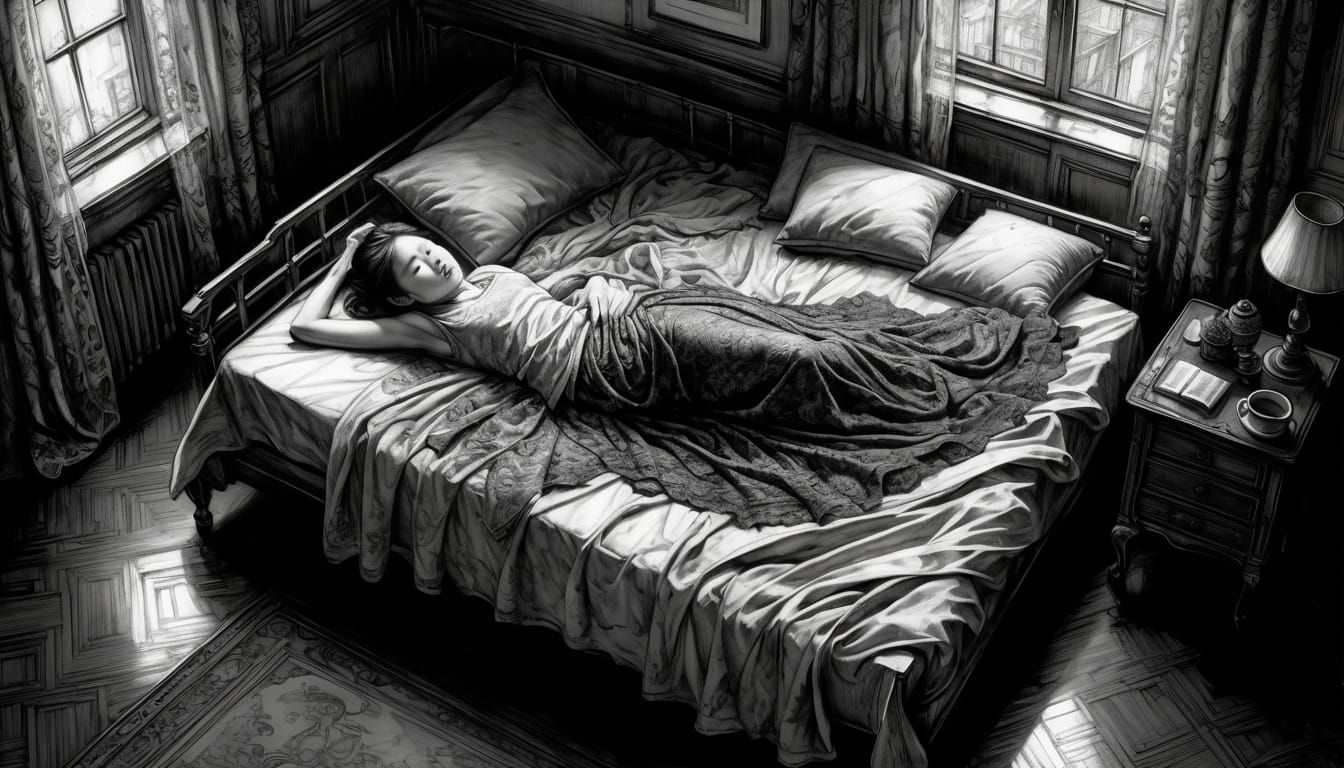 Gray image of a woman laying on a gray bed in a gray room, overhead view by Antoine Blanchard, Kenichi Sonoda and Jim Lee hyperdetailed char...