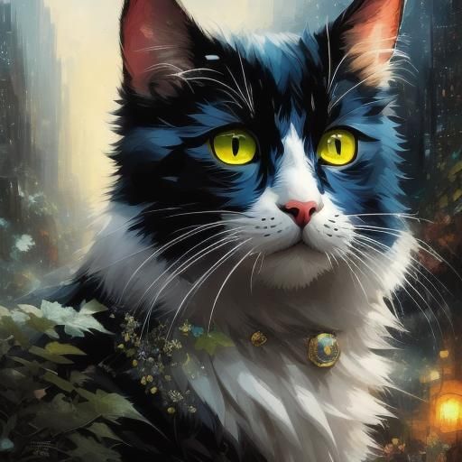 An adorable thick furred calico kitten with blue eyes, Thomas Kinkade , sharp focus, by Marc Simonetti & Yoji Shinkawa & WLOP , sharp focus,...