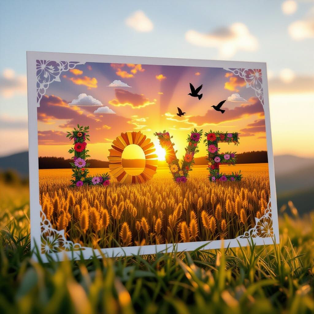 Love Postcard with Golden Field and Sunset