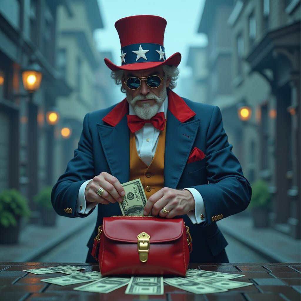 Uncle Sam is in his costume. He is stealing dollar bills from a child's purse