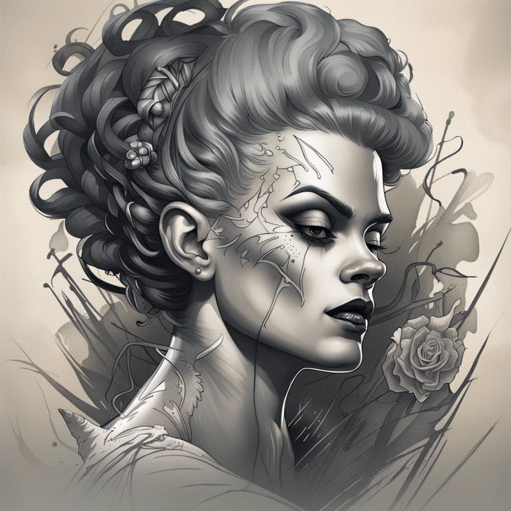 Samuel brigante Style tattoo design of the bride of frankenstein - AI ...