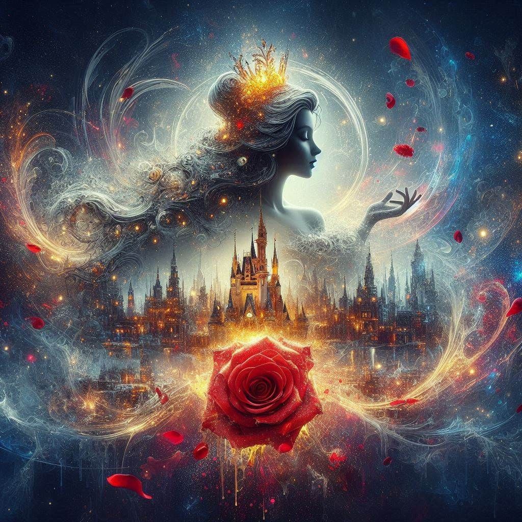 Belle in double exposure with castle & rose backdrop