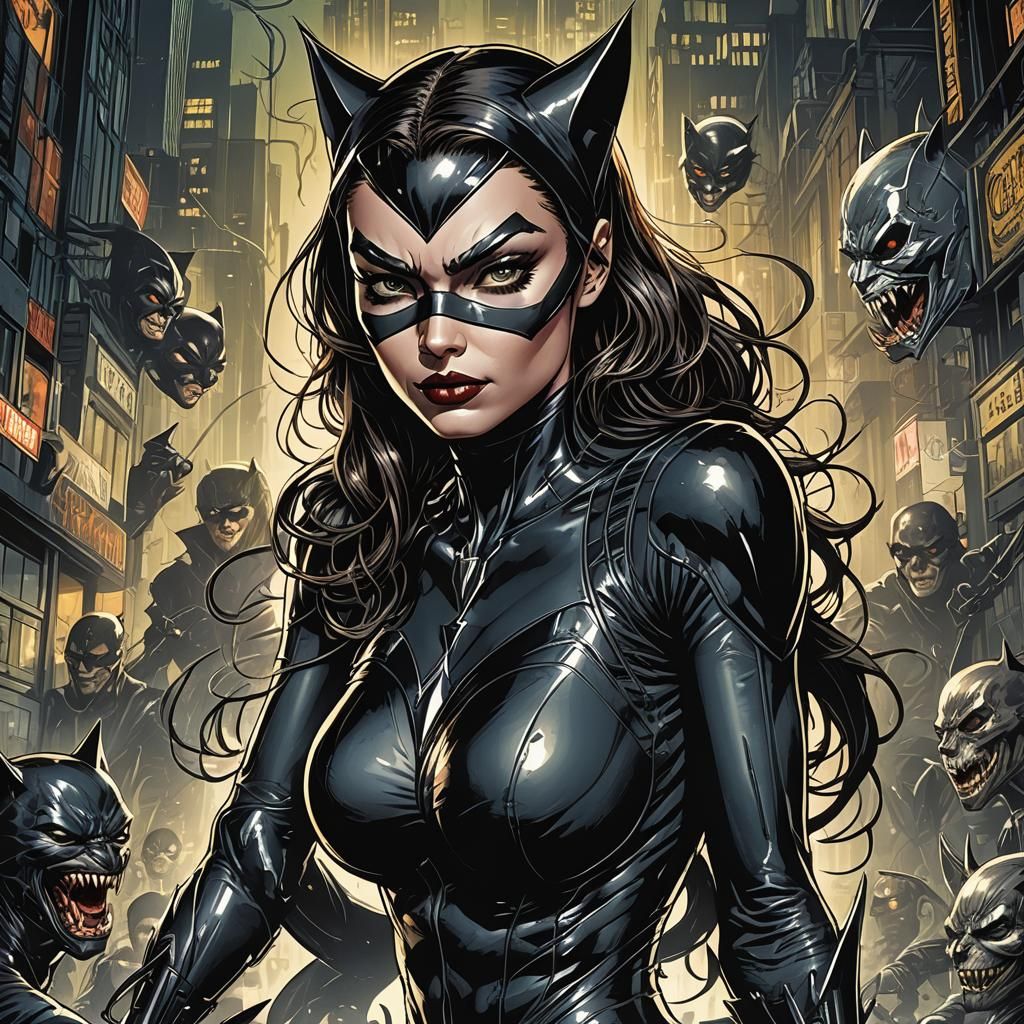 Sinister Catwoman in Comic Book Art Style