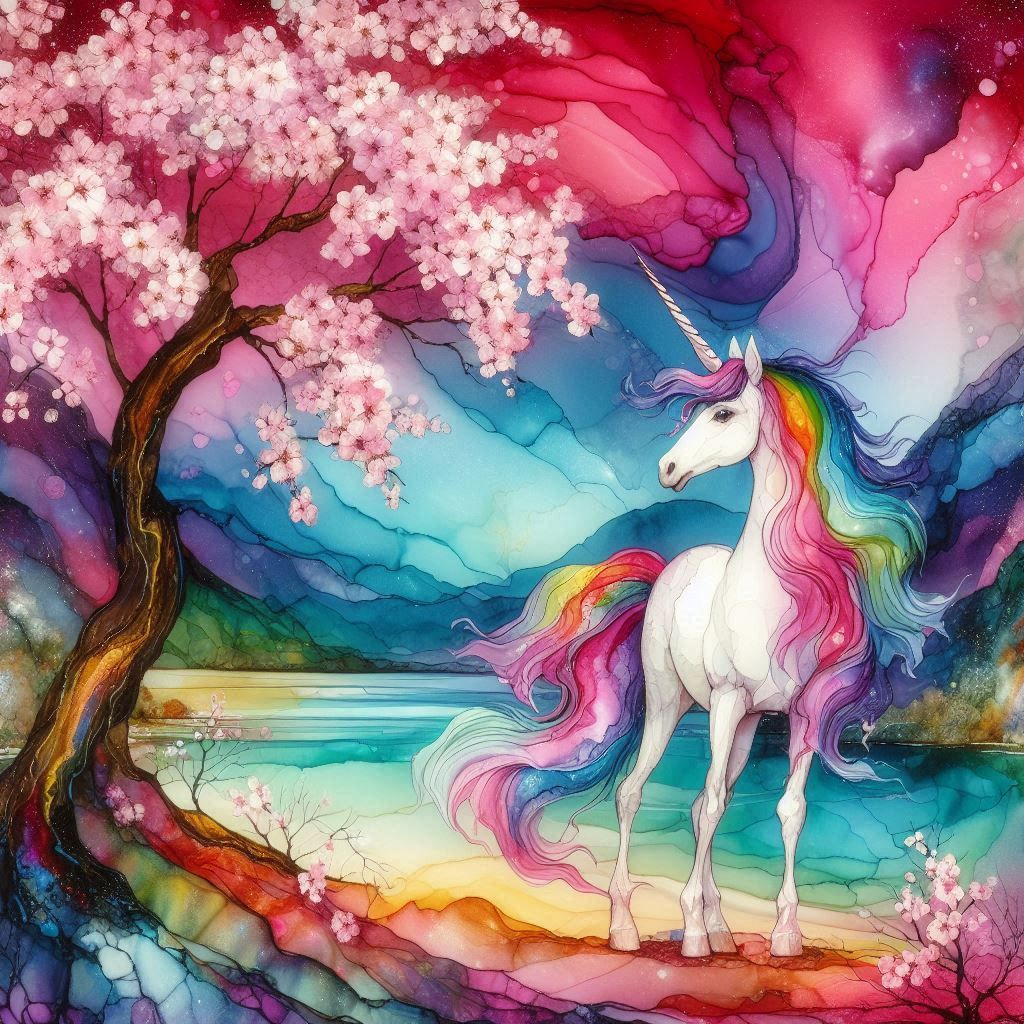 unicorn under a cherry blossomtree